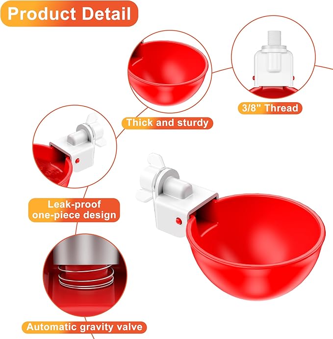 Chicken Waterer Cups, 6 Pack Automatic DIY Chicken Water Cups with 3/8'' Hole Saw for Bucket, Trough - Poultry Drinking Valve, Easy Install