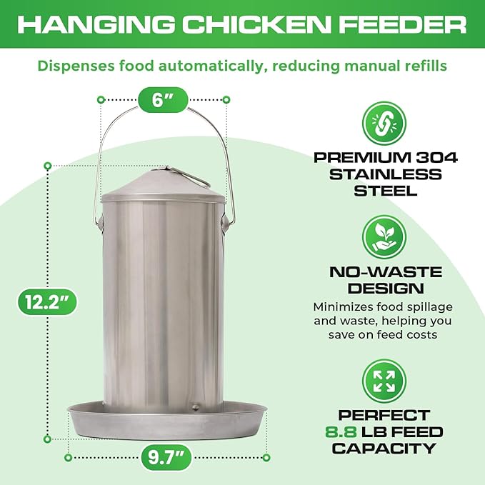 Plexon 8.8 Lb Stainless Steel Hanging Chicken Feeder no Waste Food-Grade - Duck Turkey Poultry Feeder for Chicken Metal - Heavy Duty Reliable Long-Lasting with Handle