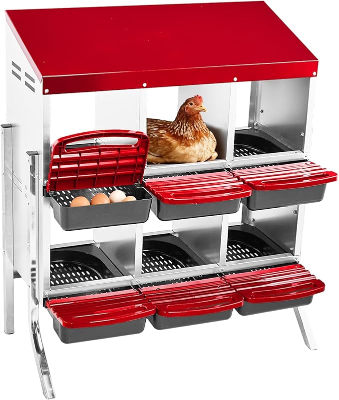 Outvita Chicken Nesting Boxes, 6 Compartments Metal Nesting Boxes for Chickens with Metal Legs, Wall/Floor Mount for Laying Eggs with Swing Perch and Roll Away Egg Collection for Chicken Coop, Red