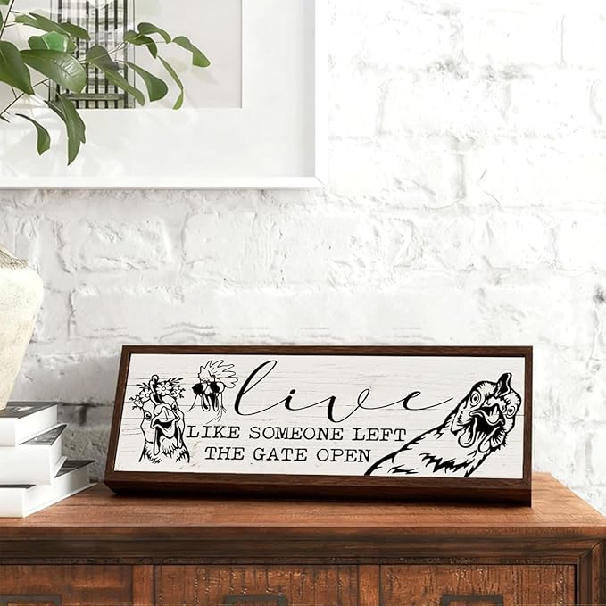 Funny Chicken Decor, Live Like Someone Left the Gate Open Sign, Chicken Coop Decors, Funny Farmhouse Home Decoration, Decorative Wooden Wall Plaque 9.5x3.1x1 inches