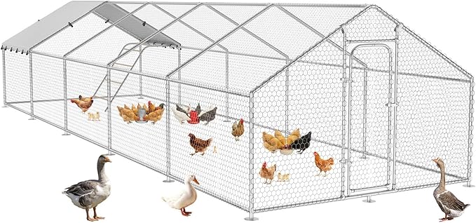 Large Metal Chicken Coop with Roosting Perch, Waterproof and UV Protection Cover, Chicken Run Outdoor Walk-in Cage Chicken Rabbit Duck Hen House, Spire Roof (10'W x 32.8'L x 6.4'H)