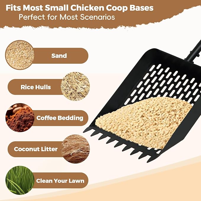 Large Chicken Poop Scooper & Rake 2-in-1, Heavy Duty Metal Pooper Scooper with 43" to 90" Adjustable Stainless Steel Handle, Sand Sifting Shovel for Chicken Coops & Farm Animals Little Scoop