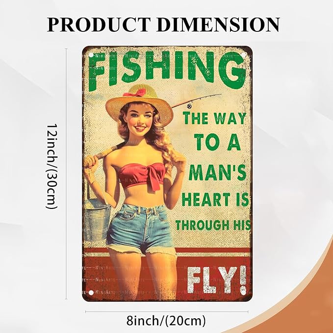 Pin Up Girl Fishing Metal Tin Sign The Way to A Man's Heart Through His Fly Vintage Sign for Wall Art Decor for Home Angler Wall Decor Cafes Lake House Seascape Decor 8X12Inch