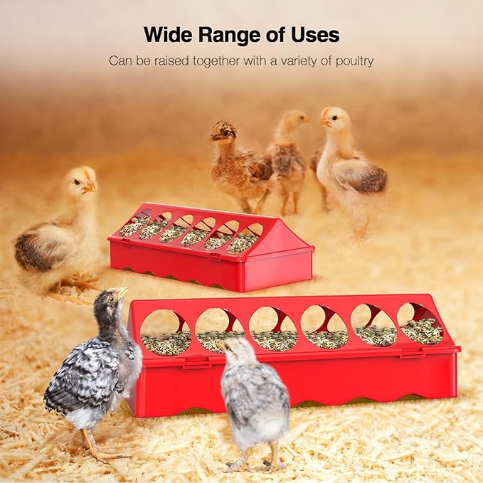 2-Pack Plastic Flip-Top Poultry Feeders, Spill-Proof Chick Feeder Trough with Multiple Feeding Holes, No-Waste Baby Chicken, Duckling, and Quail Feeding Dish Dispenser