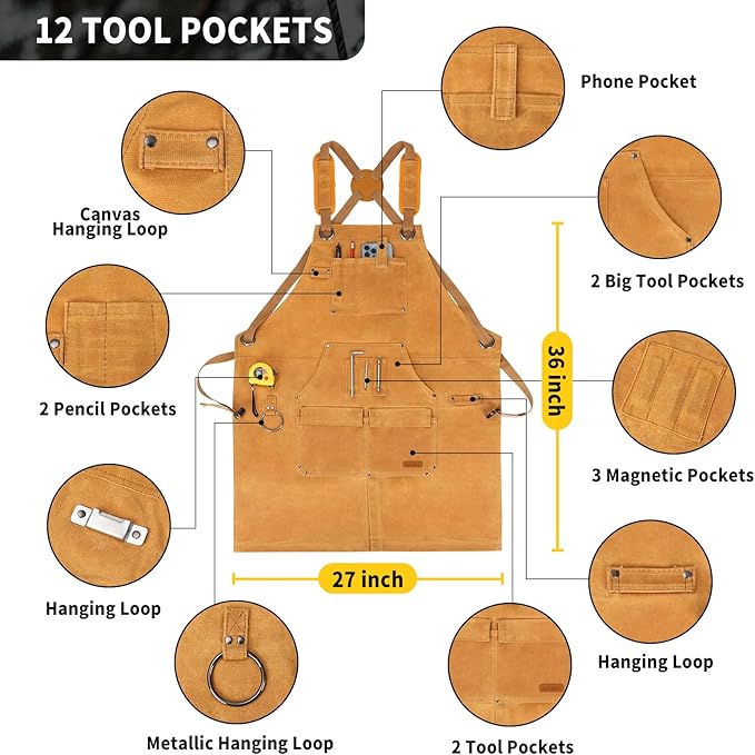 AOLEBA Woodworking Apron for Men,Heavy Duty Waxed Canvas Work Tool Apron with 12 Tool Pockets for Workshop, Mechanic, Carpenter, Blacksmith, Mens Aprons Gifts for Dad Father Men (Khaki)