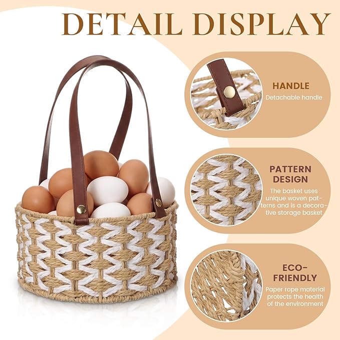 2 Size Egg Collecting Baskets with Handle for Collecting Chicken Fresh Eggs Farmhouse Wicker Basket Vintage Countertop Fruit Holder Detachable Faux Leather Handle for Storage Harvest Kitchen