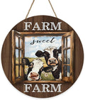 Funny Farm Sweet Farm Cow Front Door Sign, Vintage Farmhouse Animals Wood Hanger Outdoor Outside Porch Home Decor, Rustic Country Barn Wooden Wreath Indoor Wall Hanging Decoration Farm Gifts