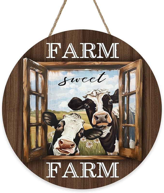 Funny Farm Sweet Farm Cow Front Door Sign, Vintage Farmhouse Animals Wood Hanger Outdoor Outside Porch Home Decor, Rustic Country Barn Wooden Wreath Indoor Wall Hanging Decoration Farm Gifts