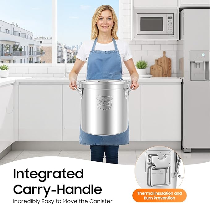 Stainless Steel Airtight Canister, Large Capacity Food Storage Container, 304 Grade Metal Bucket with Silicone Seal Lid, 12.68Gal Flour Rice Cereal Bin for Kitchen Pantry Restaurant, Stackable