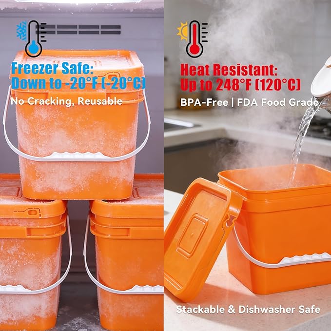 Food Storage Buckets with Lids - 4 Set Square Clear Plastic Containers, Airtight Pressure Seal & Handle for Kitchen Freezer Prep (Orange, 1 gal)