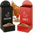 Hanging Chicken Feeder Metal (2 Pack), Wall Mounted Poultry Grit Feeder with Weatherproof Lid, Durable Chicken Coop Accessories for Chickens, Ducks, Quail, Red & Black