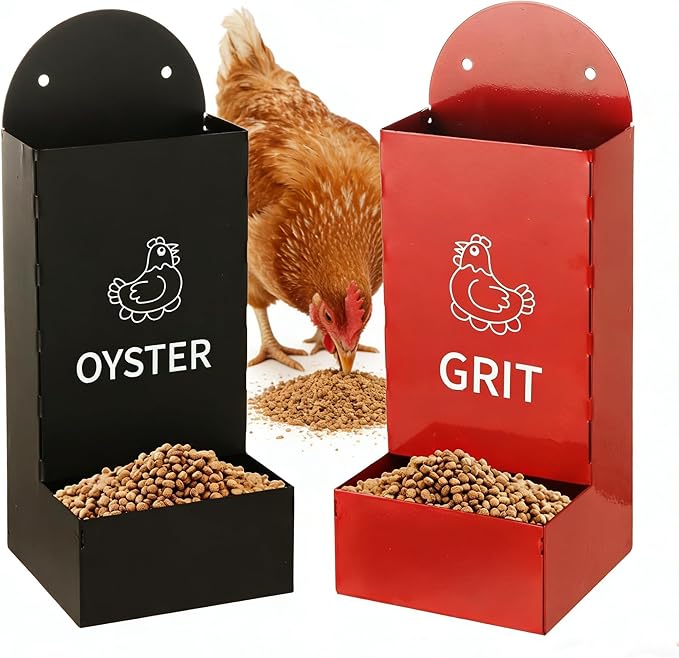Hanging Chicken Feeder Metal (2 Pack), Wall Mounted Poultry Grit Feeder with Weatherproof Lid, Durable Chicken Coop Accessories for Chickens, Ducks, Quail, Red & Black