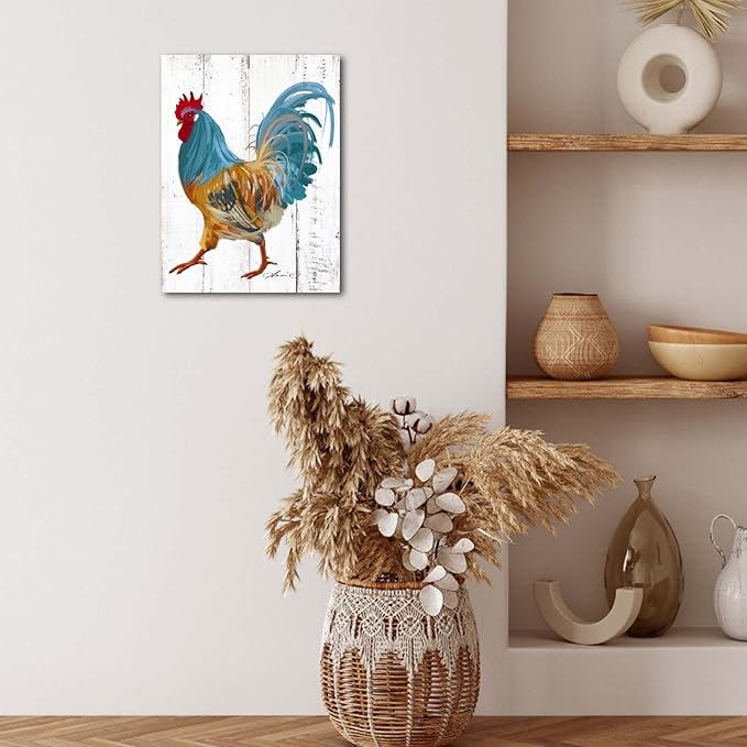 Rooster Kitchen Canvas Wall Art: Rustic Farmhouse Painting Poster - Chicken Artwork Decoration for Home Living Room Bedroom, Framed Picture Prints Decor Ready to Hang (10"x 15")
