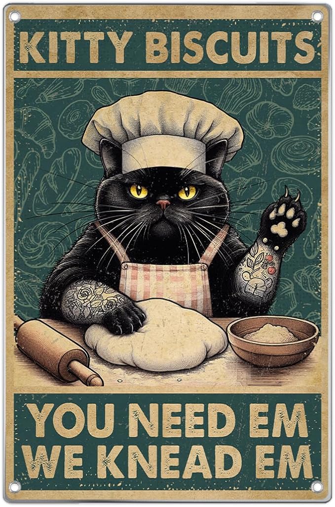 Biscuits Black Cat Wall Decor Funny Kitchen Retro Metal Sign Vintage Art Tin Poster Lovers Home Decoration 8 x 12 Inch Outdoor Indoor Aluminum
