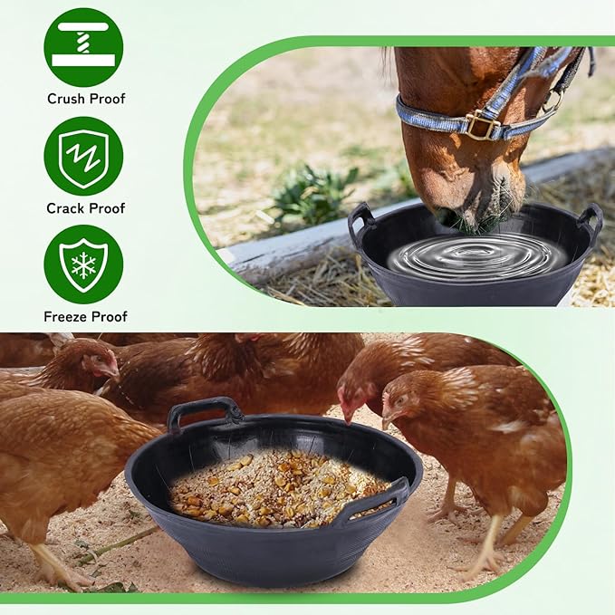 4 Pack 3.1 Gallon Rubber Feed Pan with Handle,Multi-Purpose Flexible Rubber Bucket Pan,Animal Feeding Trough & Dust Bath Container for Horses,Goats,Chickens,Pig,Farm,Garden,DIY