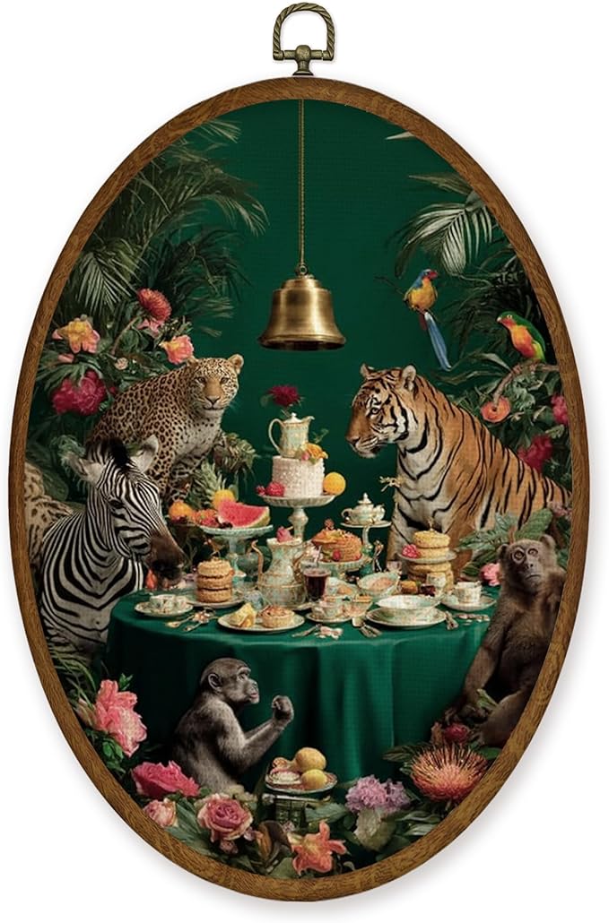 WULQYING Tropical Jungle Animal Wall Art Decor, Moody Maximalist Oval Framed Canvas Art Prints, Eclectic Wild Animals Tea Party Wall Hanging Decor for Home Kitchen Bedroom Living Room, 8.6x11.4 Inches
