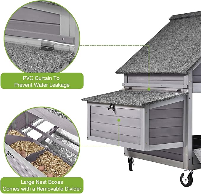 GUTINNEEN Chicken Coop with Wheels Outdoor Mobile Hen House Portable Wooden Poultry Cage with Nesting Box,Waterproof Asphalt Roof