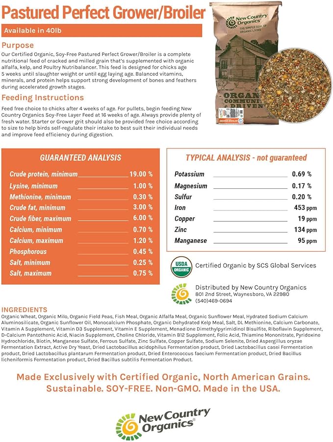 New Country Organics | Pastured Perfect Grower/Broiler Feed for Growing Chickens | Corn-Free and Soy-Free | 19% Protein | Certified Organic and Non-GMO | 40 lbs