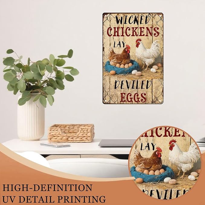 Rustic Metal Tin Sign Wicked Chickens Lay Deviled Eggs Poster Art Country Kitchen Wall Decor Outdoor & Indoor Farmhouse Sign Metal Plaque 8x12 Inch 8X12Inch