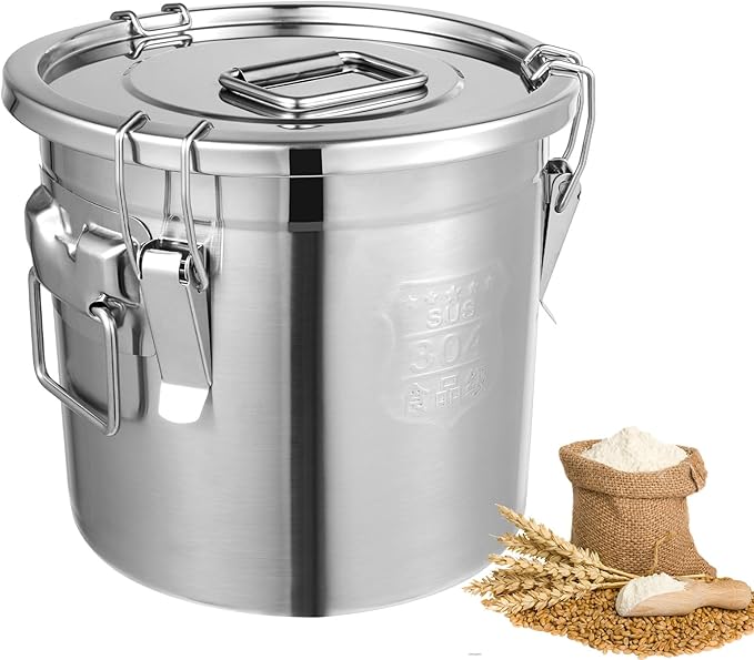 3.17Gal/12L Stainless Steel Airtight Canister, Airtight Food Storage Container with Lid and Lock Clips, 304 Stainless Steel Bucket for Rice, Flour, Grain, Coffee Bean
