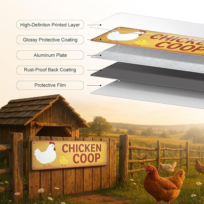 Vintage Farmhouse Chicken Coop Sign – Rustic Aluminum Metal Wall Decor for Home, Garden, or Barn, Funny Chicken Decor Street Sign, 16 x 4 Inches