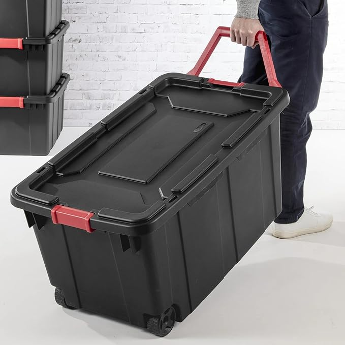 2-Pack 40 Gallon Heavy-Duty Stackable Storage Bins with Secure Lids & Smooth-Rolling Wheels – Organizing Containers for Home, Garage, Office & Basement (Black)