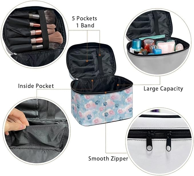 Travel Makeup Bags for Women Portable Tote Cosmetic Case with Carry Handle Toiletry Accessories Storage Organizer Bags for Valentine's Day, Cute Paws Blue