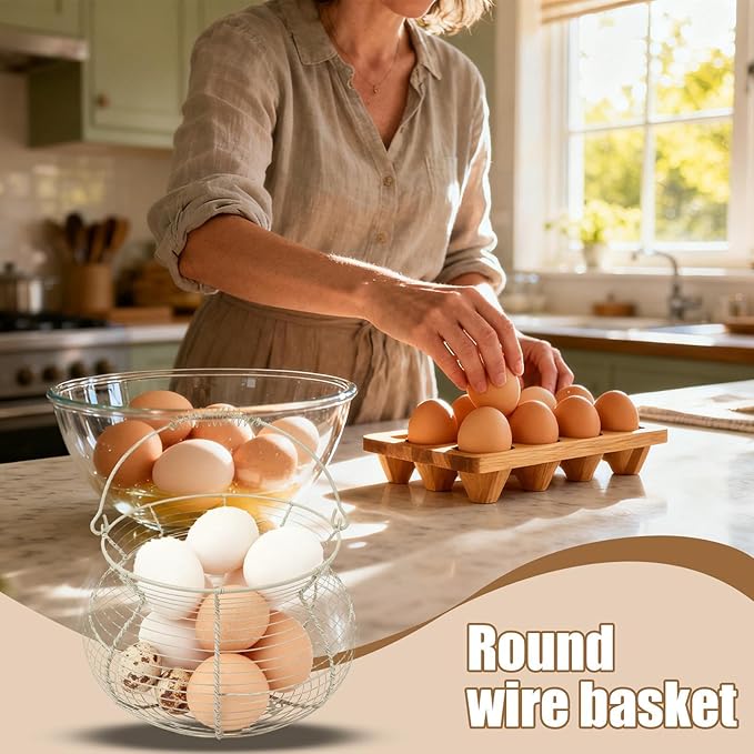 Egg Collecting Basket - Vintage Woven Wire Organizer, Chicken Egg Basket, With Handle Counter Ovum Holder | For Kitchen Counter Farmhouse Garden Harvest Fruit Vegetable Easter Festival