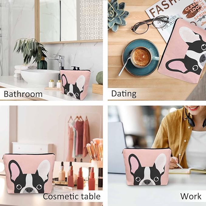 Bulldog Cosmetic Bags For Women, Lovely Puppy Bulldog Dogs Pink Roomy Makeup Bag Toiletry Bag Accessories Organizer Storage Bags Makeup Pouch For Travel Business Gym Camping Bathroom
