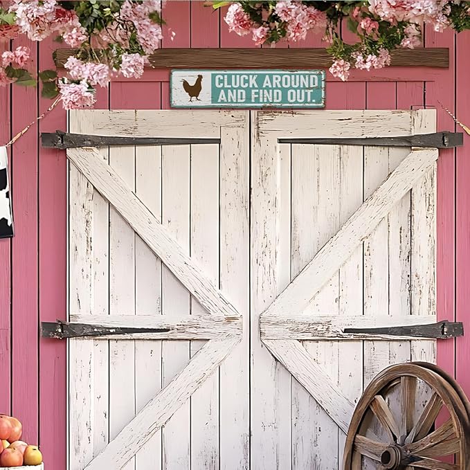 Rustic Farmhouse Style Chicken Coop Sign, Metal Outdoor Chicken House Signs, Cluck around and find out Signs, Retro Metal Tin Sign, Farmhouse Decor, Backyard Hen House Gift 15.8x4 Inch