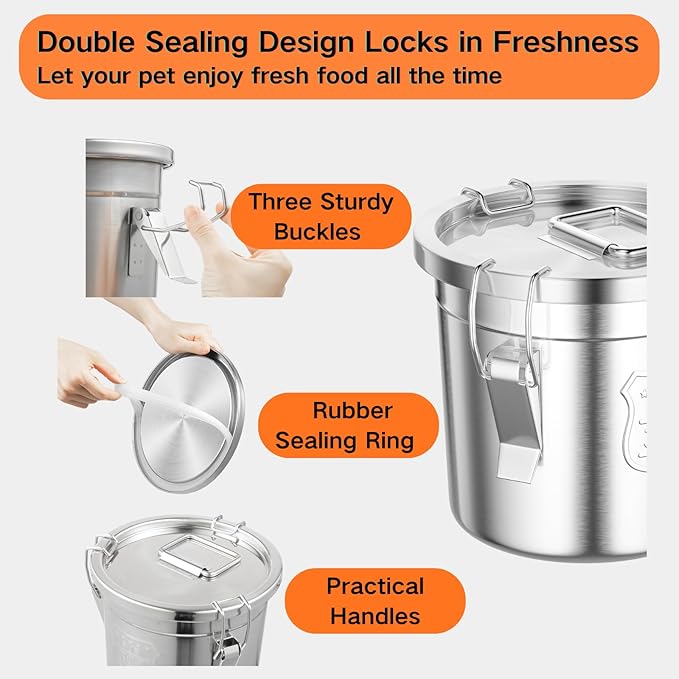 Stainless Steel Dog Food Storage Container 6L/1.59Gal Airtight Pet Food Storage Container with Lid to Keep Fresh Large Pet Food Storage with 3 Locking Latches for Cat Food Chicken Feed Rice Easy Clean