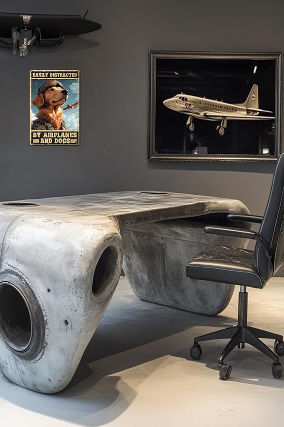 Vintage Pilot Metal Sign Easily Distracted By Airplanes And Dog Metal Poster Home Kitchen Garden Garage Coffee Bathroom Man Cave Aluminium Sign Art Wall Decor Plaque 12x8 Inch