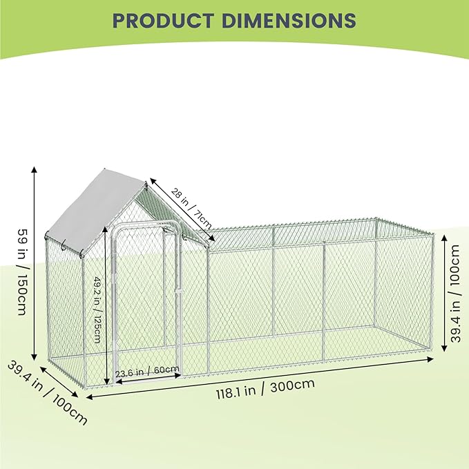 Outdoor Chicken Run, Metal Chicken Coop, with Waterproof and Anti-UV Cover, Walk-in Chicken Coop for 6/10 Chickens,Rabbits Duck Outdoor Farm Yard (9.8'L x 3.3'W x 5'H)