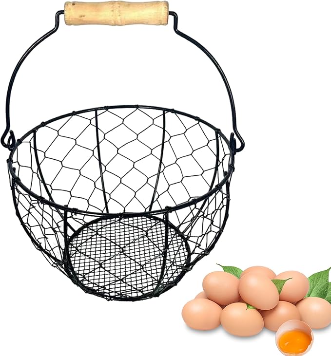 Metal Wire Egg Basket for Gathering Eggs, Vintage Egg Collecting Basket with Handle, Farmhouse Eggs Storage Container for Kitchen Pantry Organization