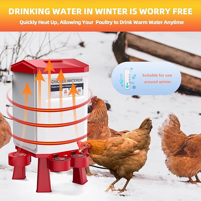 Heated Chicken Waterer, 2 Gallon Thermostatic Poultry Drinker with 4 Cups, Outdoor Winter Water Heater with Leg Base for Chickens, Ducks, Geese, Turkeys, Anti-Freeze Automatic Watering System