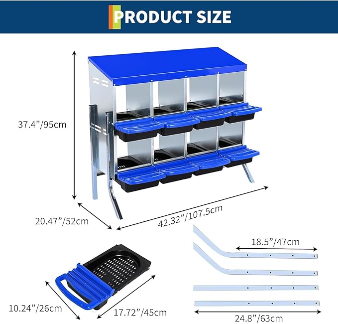 Chicken Nesting Box，8-Hole Nesting Boxes for Chicken Coop with Removable Plastic Egg Tray & Ventilation Holes, Wall Mount/Freestanding Poultry Laying Boxes for Hens, Ducks & Coops Easy Egg Collection