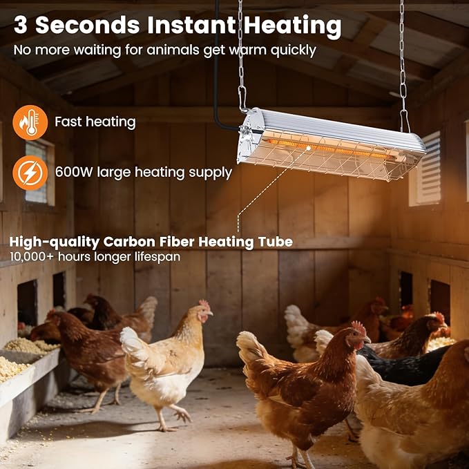 600W Hanging Heater for Poultry Chicken Coop Pet House Livestock Greenhouse, 2 Heating Mode with Adjust Height, 3S Fast Heating