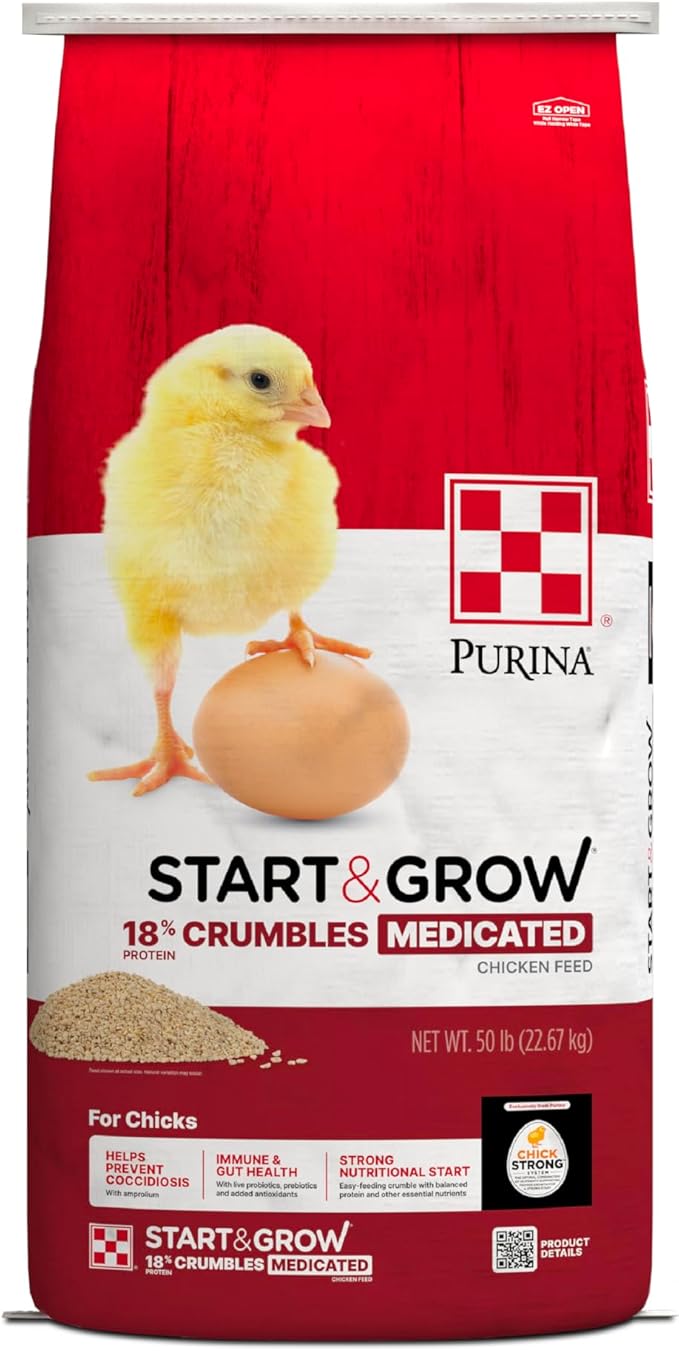 Purina Start & Grow | Medicated Chick Feed Crumbles | Food for Baby Chicks - 50 Pound (50 lb) Bag