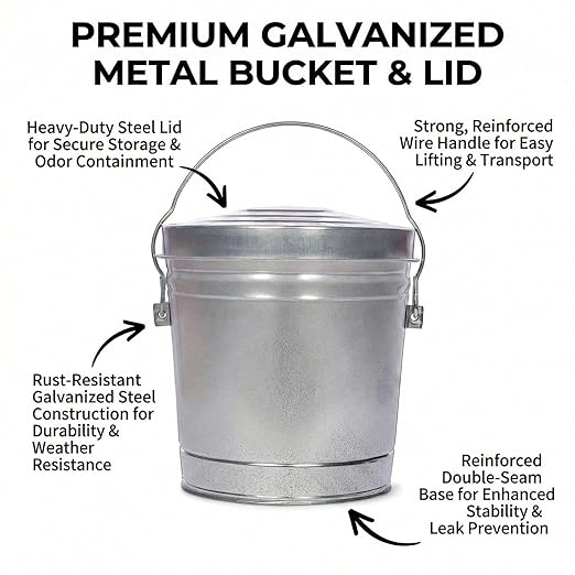 Galvanized Steel Locking Lid Storage Can, 6 Gallon, Heavy Duty Metal Pail for Bird Seed, Dry Pet Food, Charcoal Ash, Rodent Proof, Rust Resistant with Wire Bail Handle
