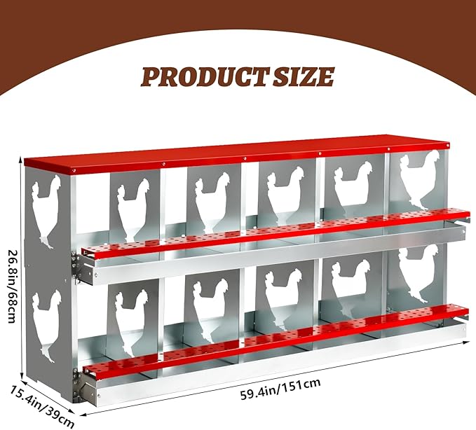 Chicken Nesting Box,Heavy Duty Metal Nest Boxes,10 Hole Roll Away Nesting Boxes,with Large Vented Holes,Wall-Mountable Chicken Coop Nesting Boxes,for Chickens,Ducks,Large Egg Boxes (Red 10 Hole)