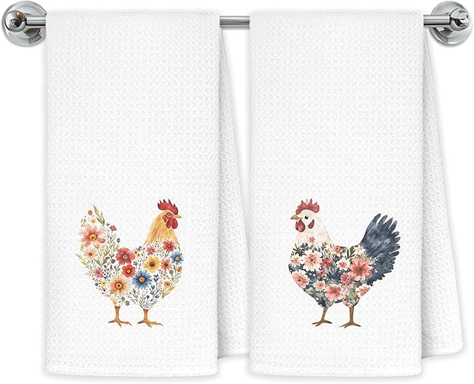 Floral Chicken Kitchen Towels, Chicken Lover Mom Lady Gifts Hand Towels for Bathroom Kitchen, Aesthetic Farm Animal Hens Decorative Dish Towels Drying Cloth, 16x24 Inch Set of 2