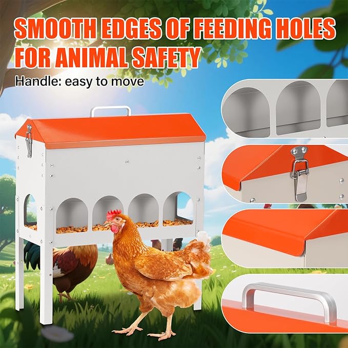 Chicken Feeder No Waste 15 Pound 7lb,10 Feeding Ports,with Metal Feeder Box Stands for Chicken Poultry Duck,No Food Buildup at The Bottom