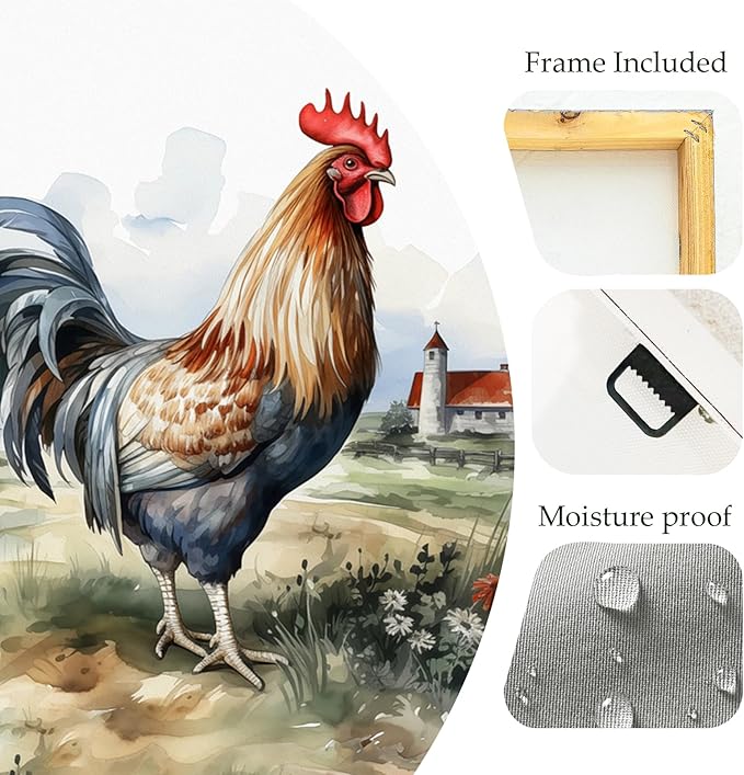 Framed Chicken Wall Art 16x16 Inch Rooster on Flower Stand Canvas Print Farmhouse Country Style Artwork for Kitchen Living Room Rustic Home Wall Decor (Rooster and farmhouse, 20L×20W)