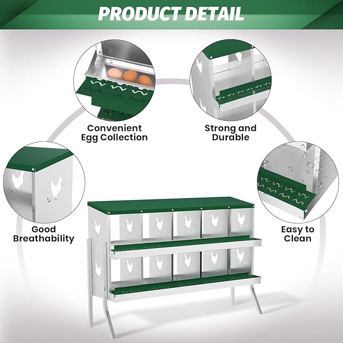 Metal Chicken Nesting Boxes, Heavy-Duty Galvanized Steel Egg Laying Box with 10 Compartments, Rustproof, Easy to Install & Clean, Wall-Mountable Design for Poultry Coops- Green with Stand