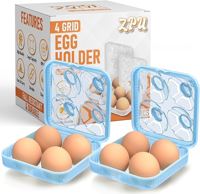 ZPU Egg Holder Camping, 2Pcs 4 Grid Egg Container, Plastic Egg Carrier for Camping Picnic Travel Outdoor Refrigerator Kitchen, Protective Egg Storage Case, Blue