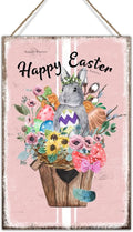 Happy Easter Flower Basket Bunny Wood Decorations Signs French Style Floral Pink Stripes Wood Wall Sign Happy Easter Eggs Bunny Wall Art Sign for Living Room Front Porch 12x18in