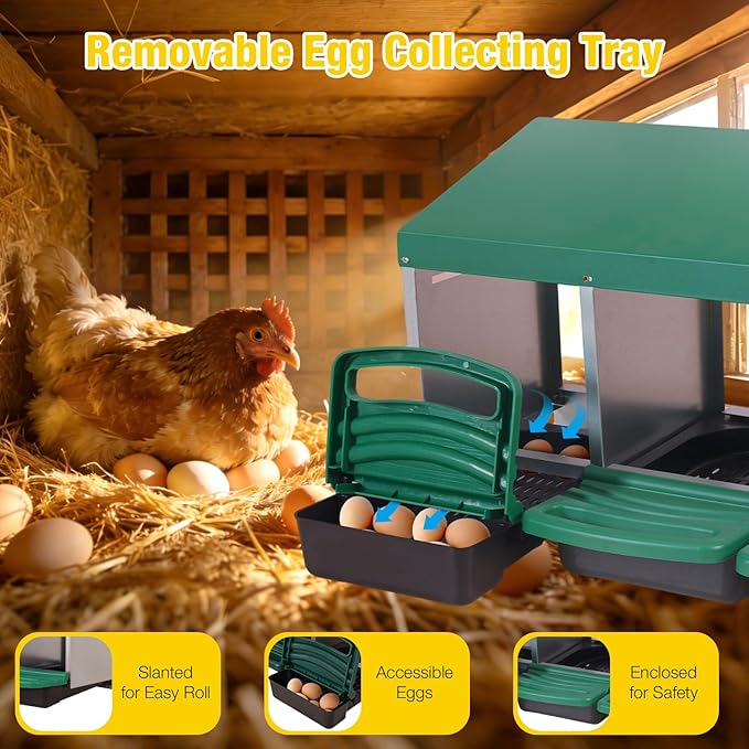 Aivituvin Chicken Nesting Box, 3 Compartments Chicken Egg Laying Box, Metal Nesting Boxes with Swing Perch for Chickens, Roll Away Egg Collection for Chicken Coop (Green)