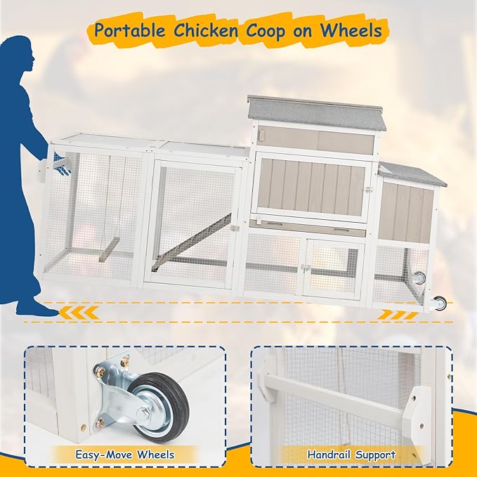 Wooden Chicken Coop with Wheels – Large Movable Outdoor Hen House with Waterproof Clear Sunlight Panel Roof, Nesting Box & Easy-Clean Tray – Spacious Backyard Poultry Tractor Grey