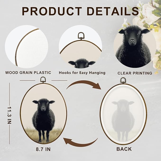 dvhdajed Vintage Black Sheep Oval Wall Art Decor, Easter Farmhouse Sheep Framed Canvas Art,Gifts for Sheeps Lovers Women, Cottagecore Sheeps Oval Wall Hanging Decor for Nursery Bedroom, 8.7x11.3