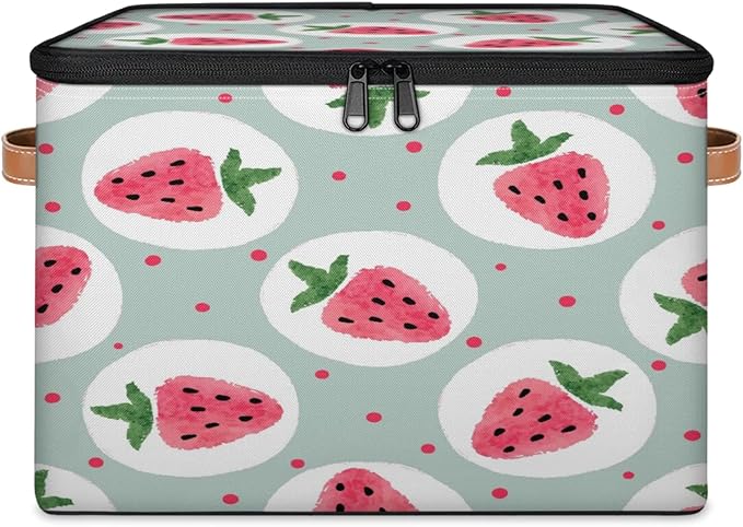 Storage Cubes with Lid Fabric Storage Bins Boxes PU Leather Handles, Strawberry Closet Organizer Container Foldable Washable Shelf Cloth Basket, Fruits Cute